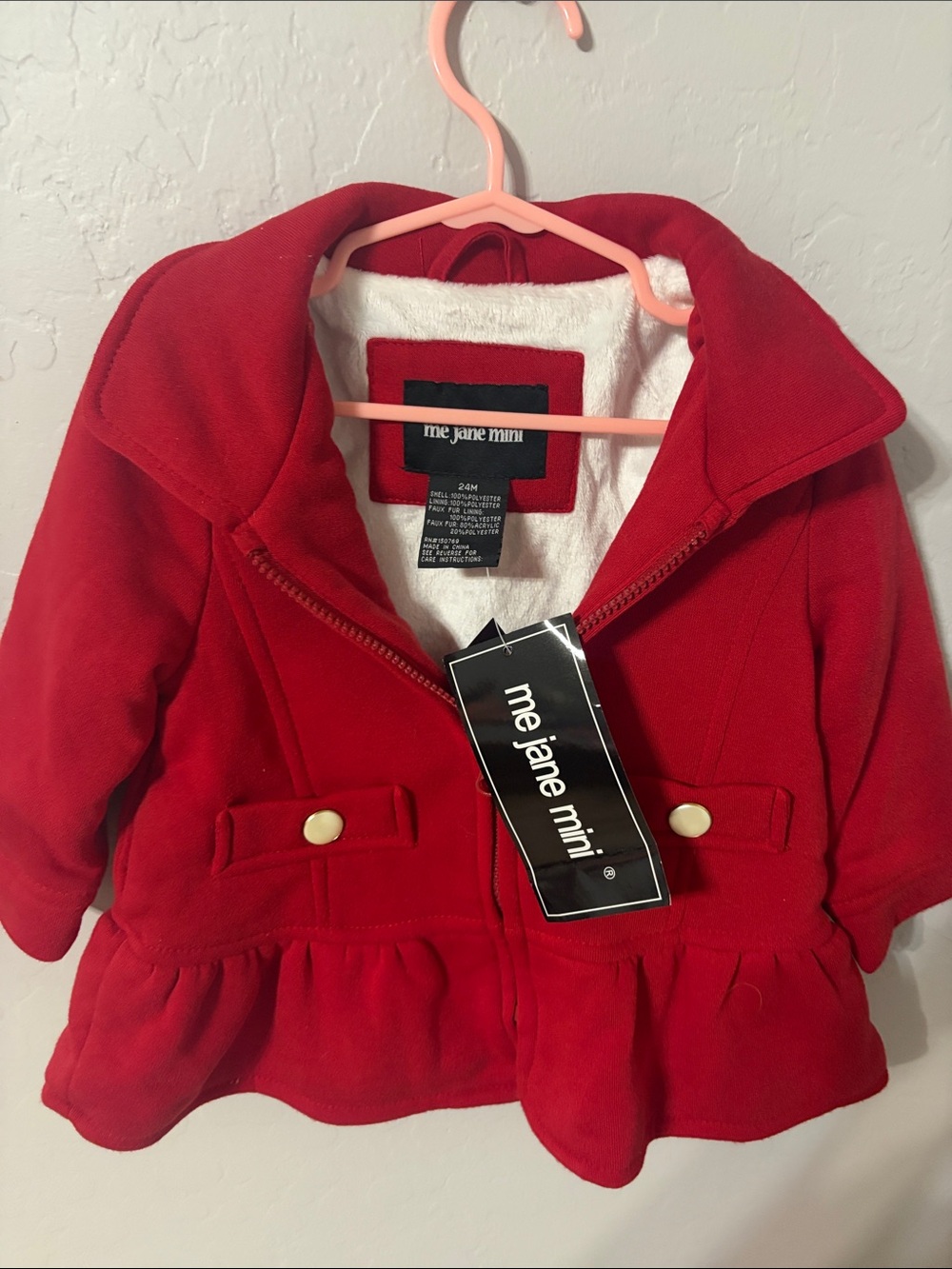 Me Jane Red Pea Coat with Ruffle Hem